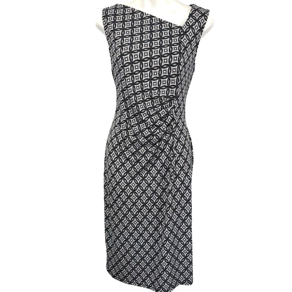 Talbots Womens Black White Print Sheath Stretch Knit Ruched Dress Sleeveless M